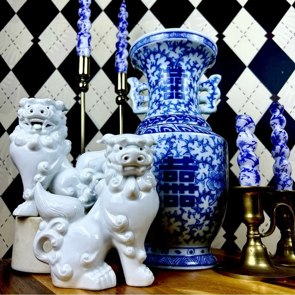 Blue White Porcelain‎ Double Happiness Vase Chinoiserie 13in Vintage Decor